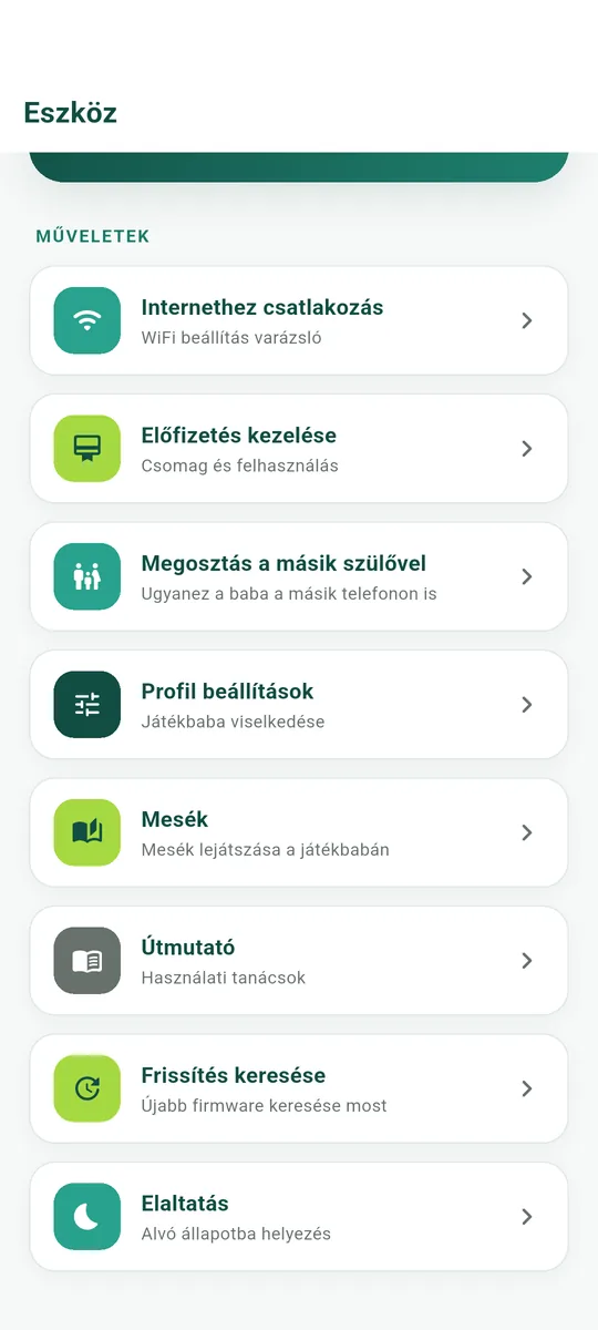 Az eszköz menüje, ahonnan minden beállítás indul