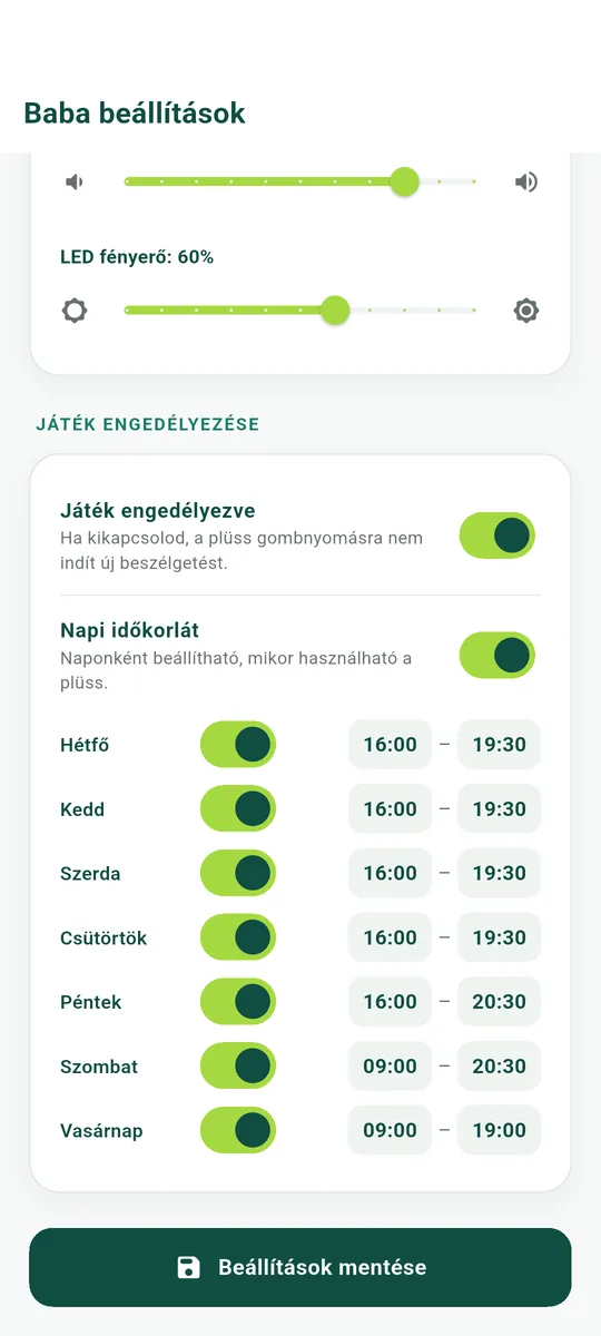 A hét minden napjára beállított játékidő