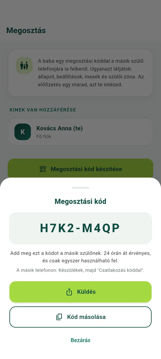 Egy megosztási kód, huszonnégy órán át érvényes