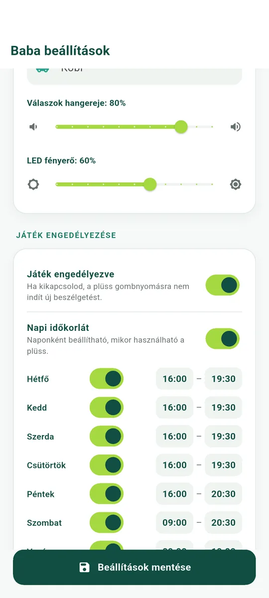 A hangerő és a LED fényerejének csúszkája