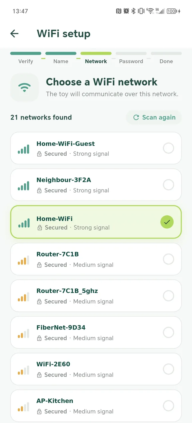Az otthoni Wi-Fi hálózat kiválasztása az alkalmazásban